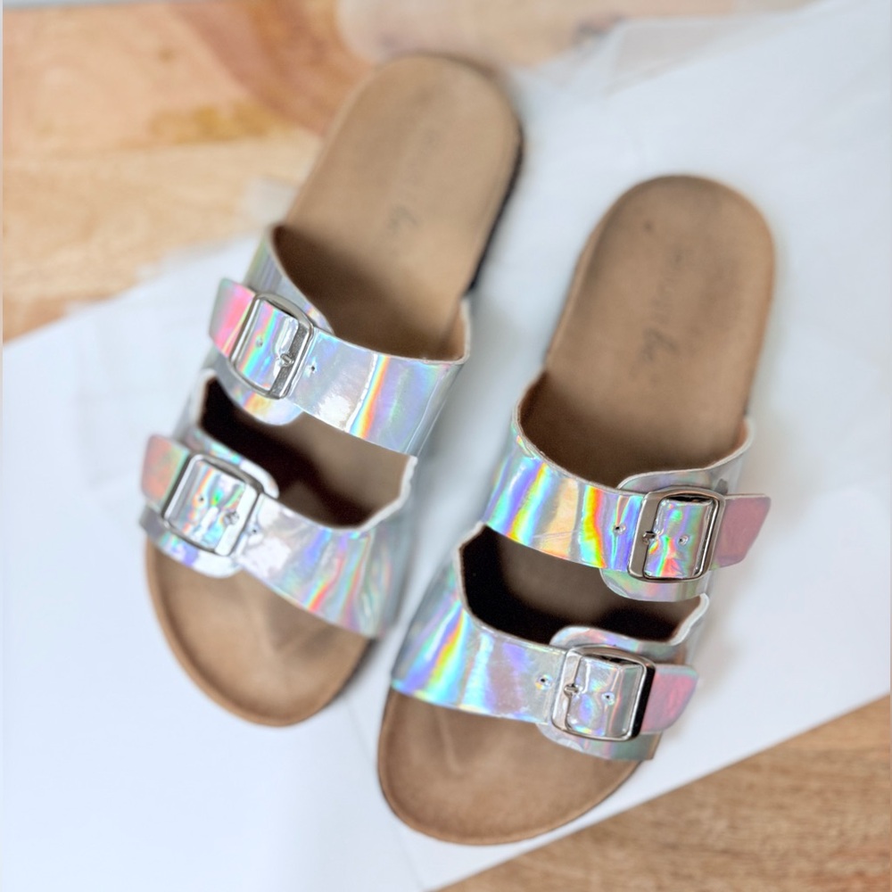 Holographic Slide Sandals Festival Ware Rave Silver Buckle Strap Size 9 Shoes